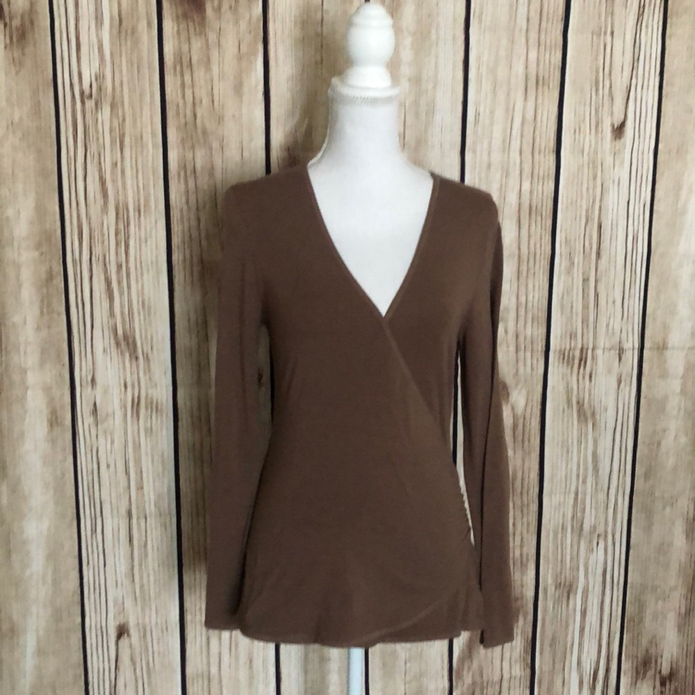Garnet Hill Cross-Front Brown Cotton Long Sleeve tee- X-Small